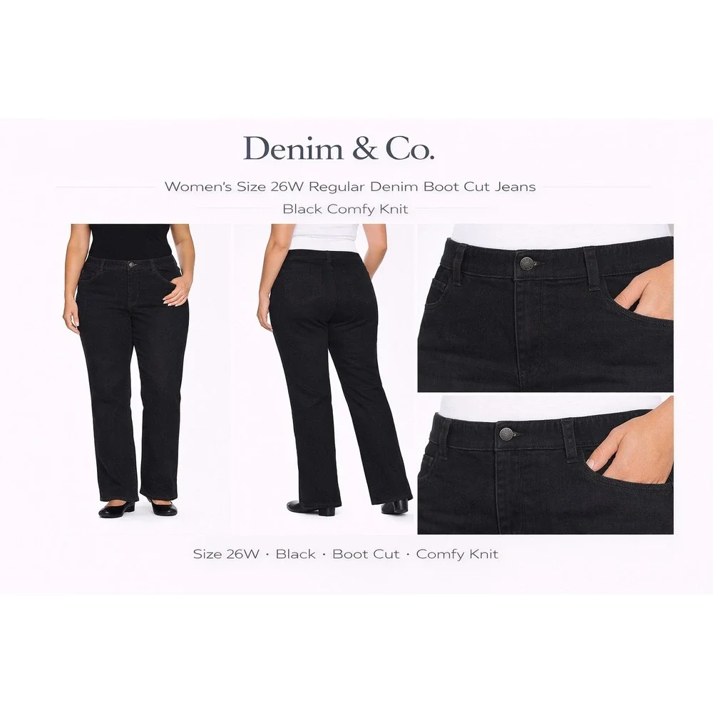 Denim & Co Womens 26W Black Comfy Knit‎ Boot Cut Jeans Regular A220699 Stretch